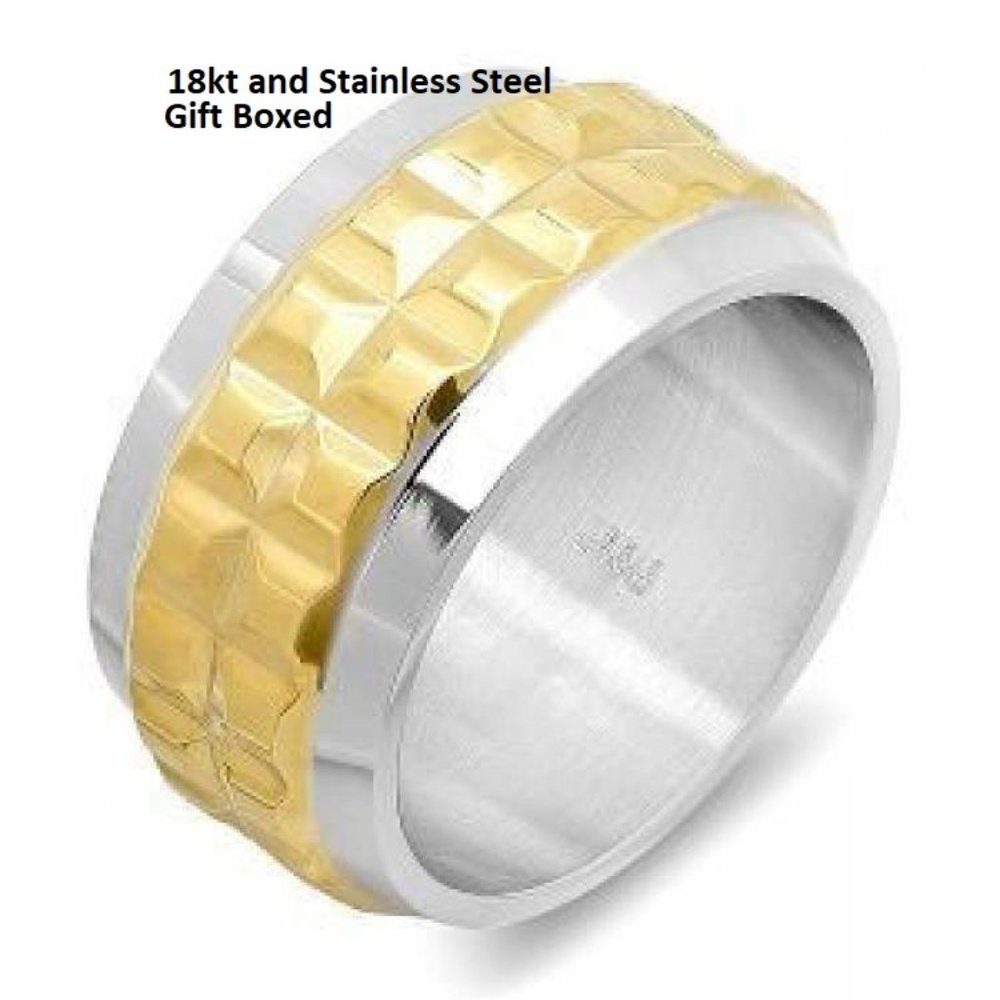 Ring stainless steel two tone wide band 18 kt gold wedding silver fine NWT